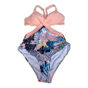 One Piece Swimsuit Crisscross Front With Cutouts Tropical Flora Size Large
